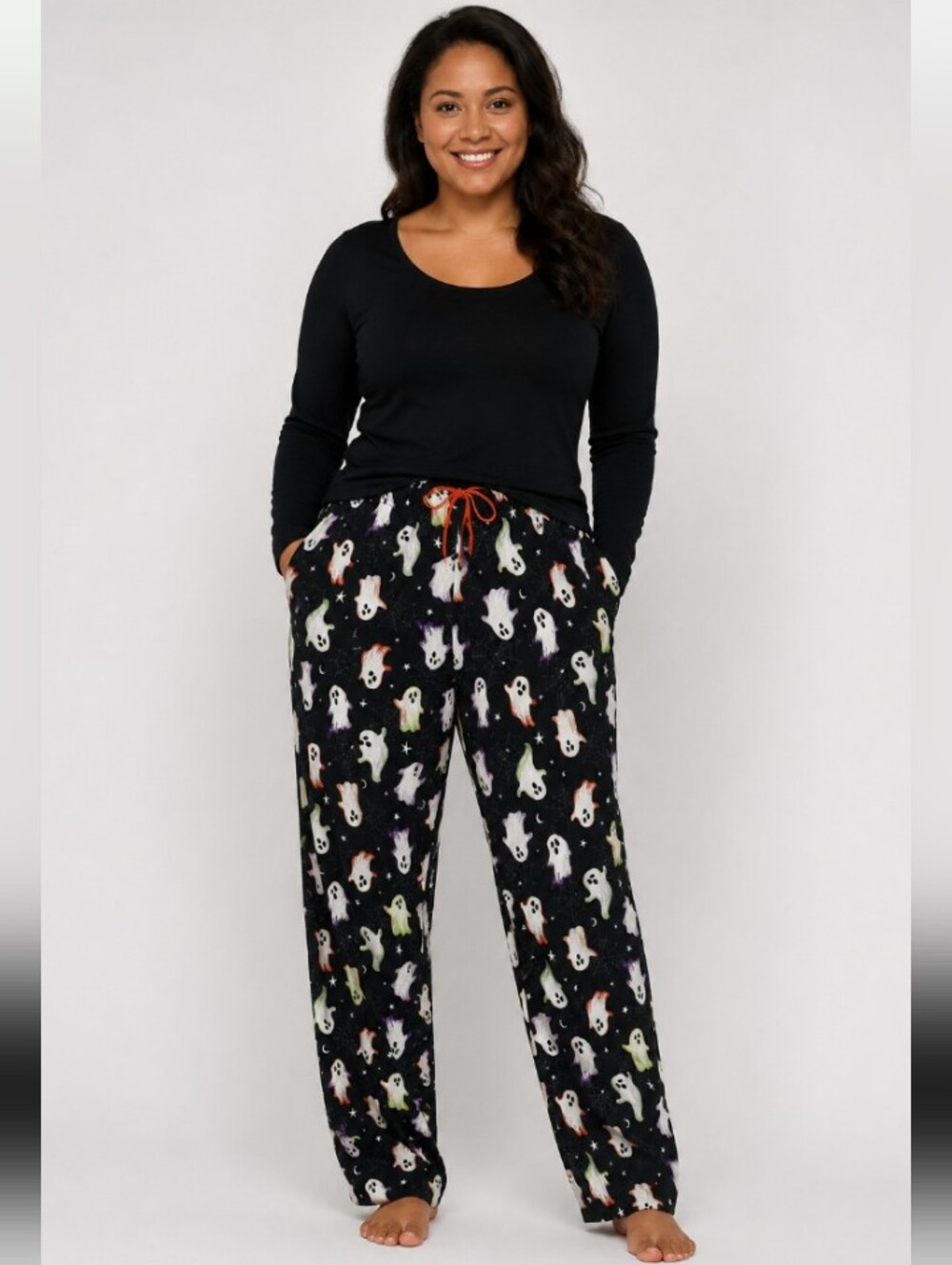 Way To Celebrate Women's Black Ghost Print Pajama Boo Pants- Halloween Sleepwear